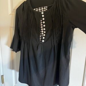 Black Button-Up Blouse with Houndstooth Detail